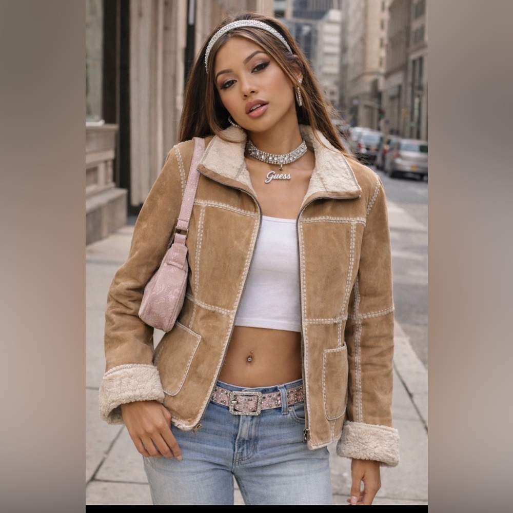 Vintage Guess Y2K Suede Leather Pennylane Tan Jacket